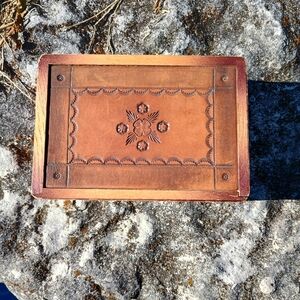 Small pine lift top box w hand-tooled leather inlay, western style, boho home